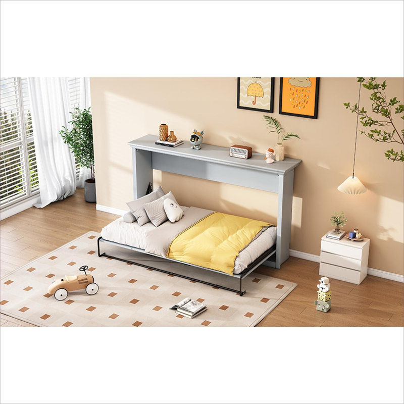 Lit escamotable pliant Cool Grey, pliable dans une armoire intégrée, panneau de fibres à densité moyenne et fabrication en métal