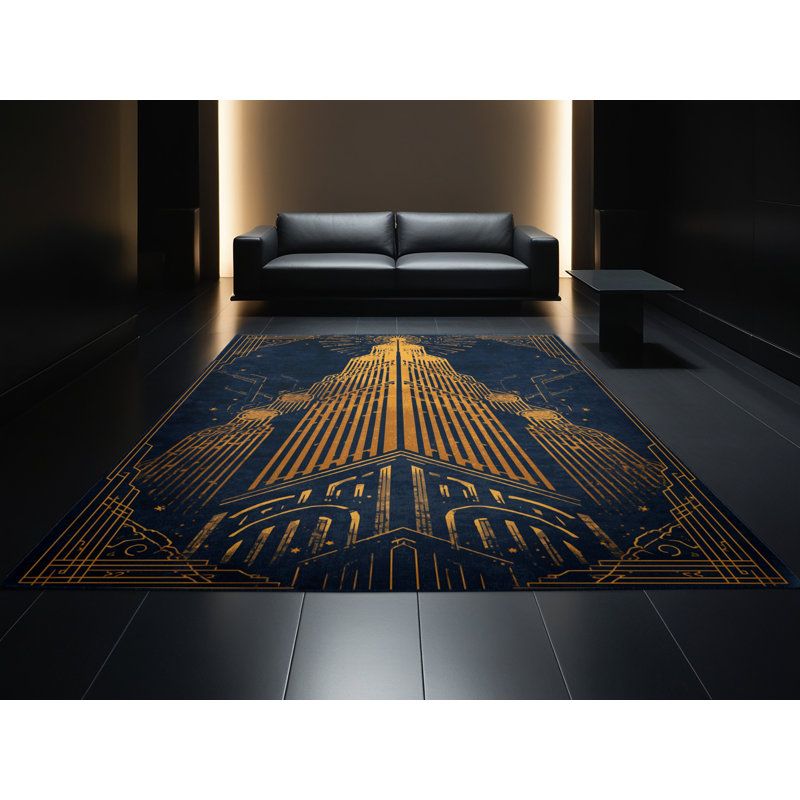 Tapis art déco lavable à la machine Alan Magic Tower - gris - reliure marine, 2 x 5