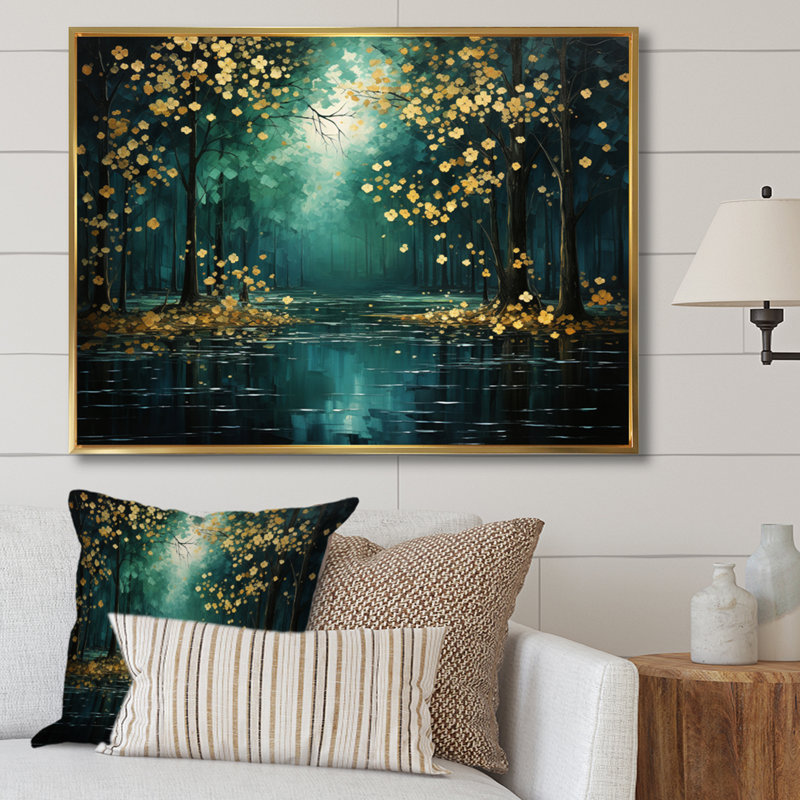 Décoration murale Bold Forest Emerald III - Forêt, Cadre flottant doré, H 24 po x l 32 po x P 1 po