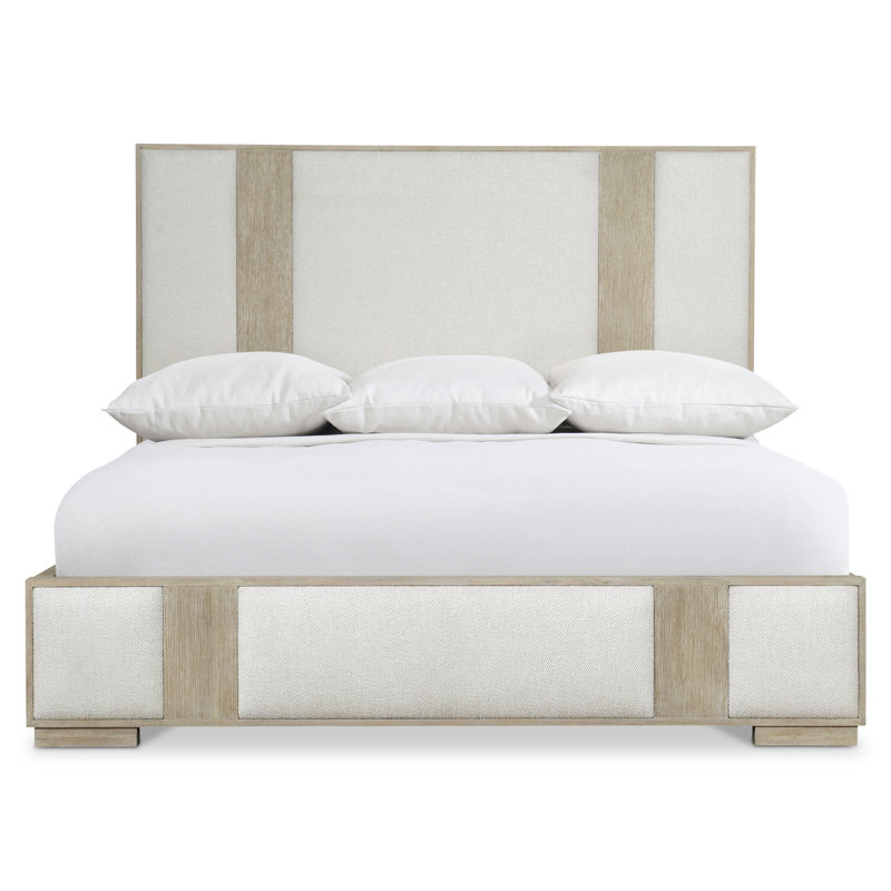 Transitional Dune and Ivory Queen Upholstered Bed with Geometric Headboard