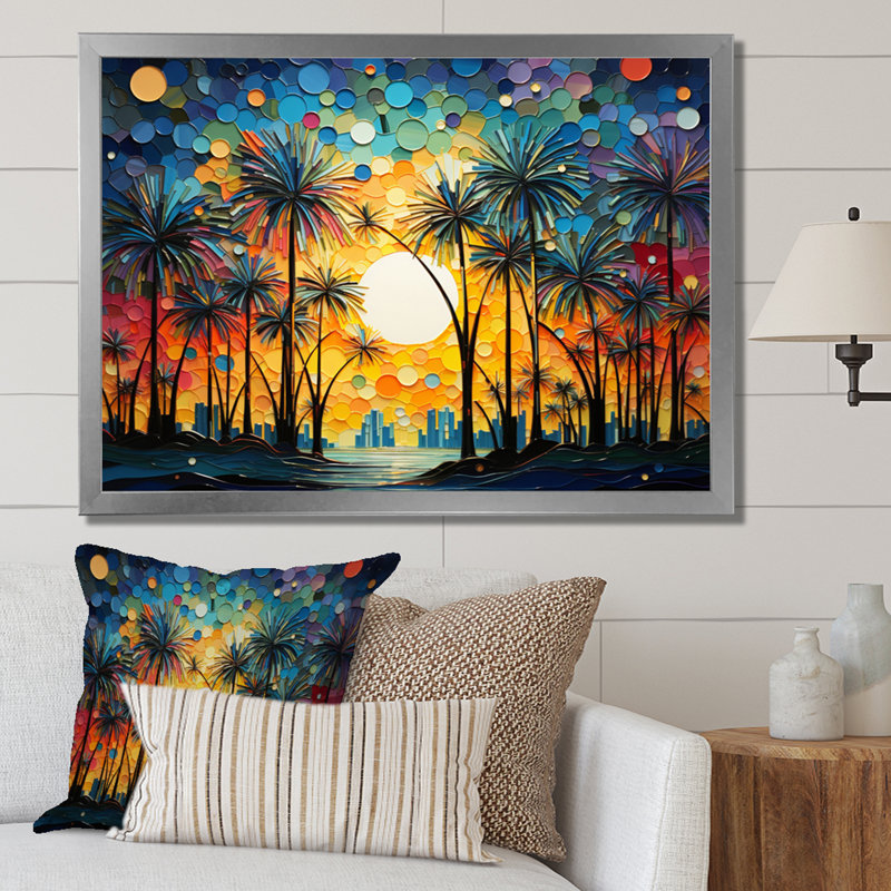 Collage de palmiers colorés I sur toile, H 30 po x l 40 po x P 1,5 po, Cadre photo argenté