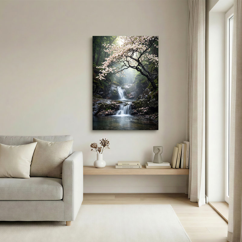 «Pink Blossom Tree Branches Over Misty Waterfall», art mural sur toile, 36"H x 24"W