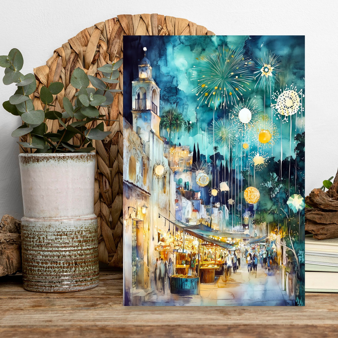 Enchanting Market Fireworks Colorful Vibrant Abstract City Architecture Wall Art Print