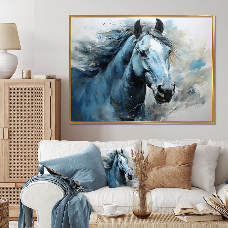 «Blue Horse Vibrant Blue Equine I», art mural grand cheval, H 30 po x l 40 po x P 1,5 po, Cadre flottant doré