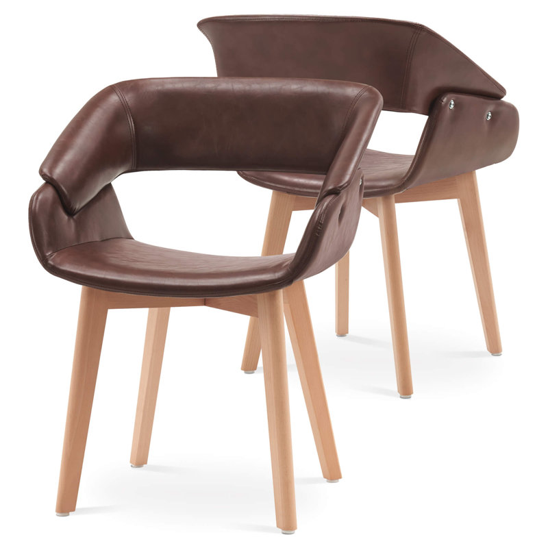 Modern Dining Room Accent Arm Chairs, Mid-Century Upholstered Fabric Chair with Solid Wood Legs, Brown
