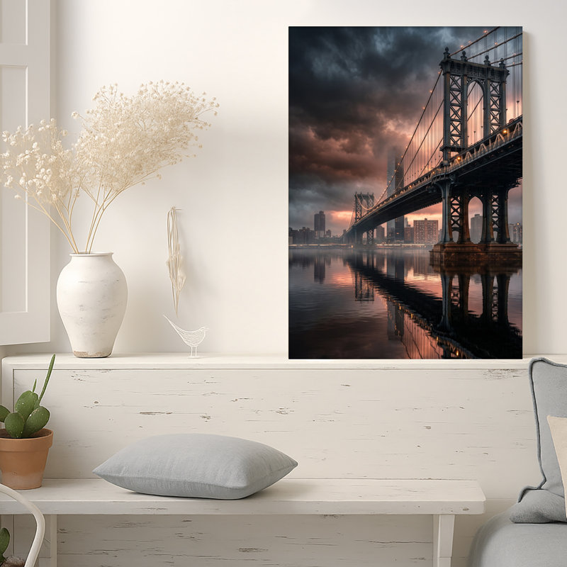 «Suspension Bridge Over Water with City Skyline», art mural, H 24 po x l 18 po