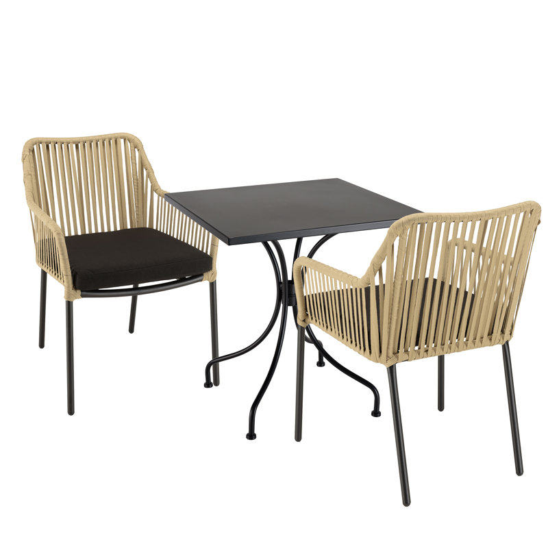 Annelynn 2 - Person Patio Dining Set with Square Table , Cushions Included, Cream/Black, Black