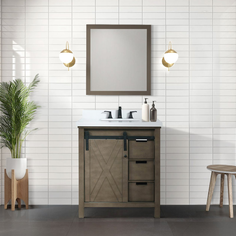 Meuble-lavabo rustique brun avec comptoir compatible de 30 po, miroir de 28 po, une armoire, trois tiroirs et une tablette de rangement, largeur de pré-assemblage rapide en pouces, abondante et facile à installer