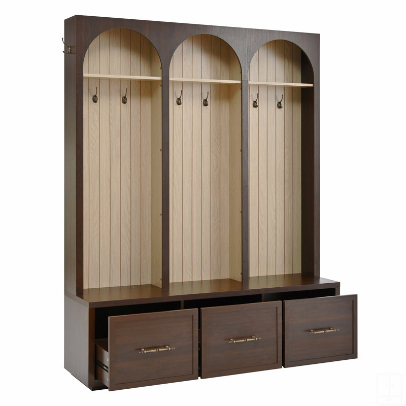 Wooden Style Hall Tree With Arched Design, Elegant 59" Wide Entryway Bench With 8 Retro Hooks, Rustic Coat Rack & Shoe Organizer With 3 Drawers