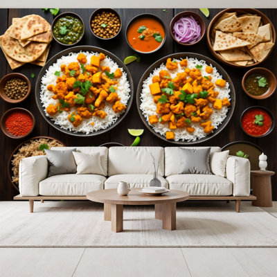 Papier peint à peler et coller délicieux repas indien riz Daal Curry Naan pain restaurant murales de papier peint H 69 po x l 96 po amovible papier mural en PVC auto-adhésif pour le salon de la chambre bureau à domicile