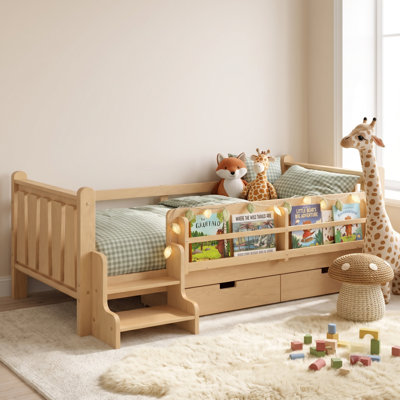 Solid Wood Kids Floor Bed with Storage Bookcases and Drawers, Montessori Toddler Bed with Cute Stairs and Guardrails