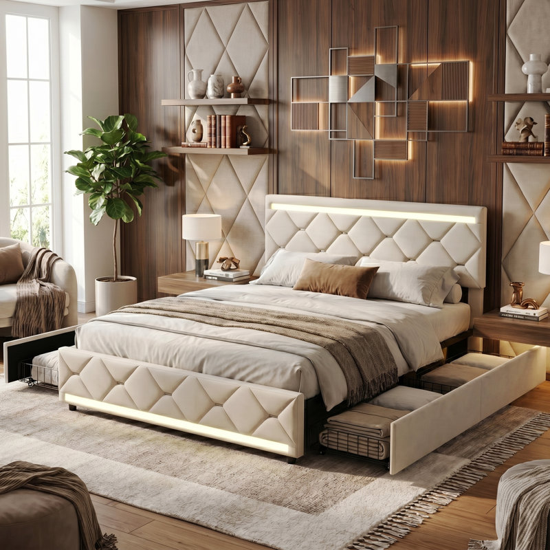 EU Double Velvet Upholstered Bed With 4 Drawers, Modern Storage Bed Frame With USB Ports & Dual LED Lights, Beige