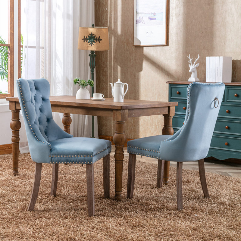 Allena Tufted Chairs Upholstered Chairs with Solid Wood Frame Nailhead Back and Ring Pull Trim , Velvet Blue, 2, Natural Wood