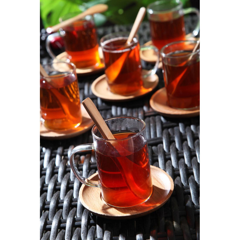 Elegant 18-Piece Tea Cup Set, 100% Borosilicate Glass | Heat & Flame Resistant | Tea Cups: 3.4 x 4.0 inches (6 pcs) | Wooden Saucer: 4.1 inches (6 pcs) | Wooden Teaspoon: 5.3 inches (6 pcs) | Perfect for Tea Lovers, Stylish & Functional Design