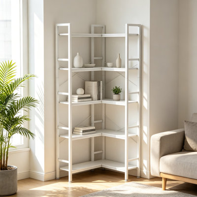 5-Shelf Corner Bookshelf, L-Shaped Open Bookcase With Metal Frame, Space-Saving Storage Rack With Cross Braces For Living Room, Home Office