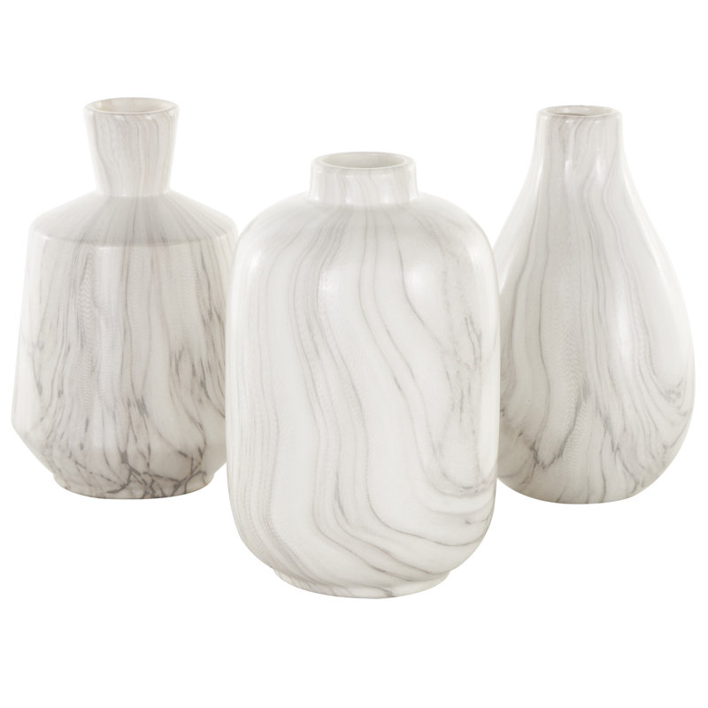 Mable 3 Piece Ceramic Table Vase Set, White/Gray
