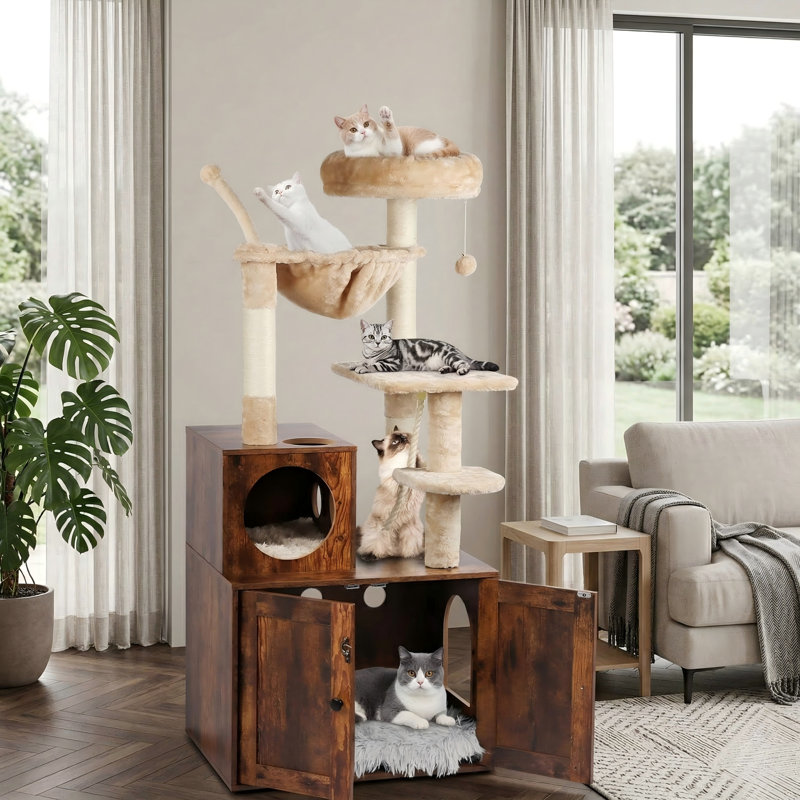 Tour pour chat 2-en-1 avec bac à litière, grande maisonnette en bois pour chats d'intérieur, panier, poteaux à griffes, pompons, brun rustique