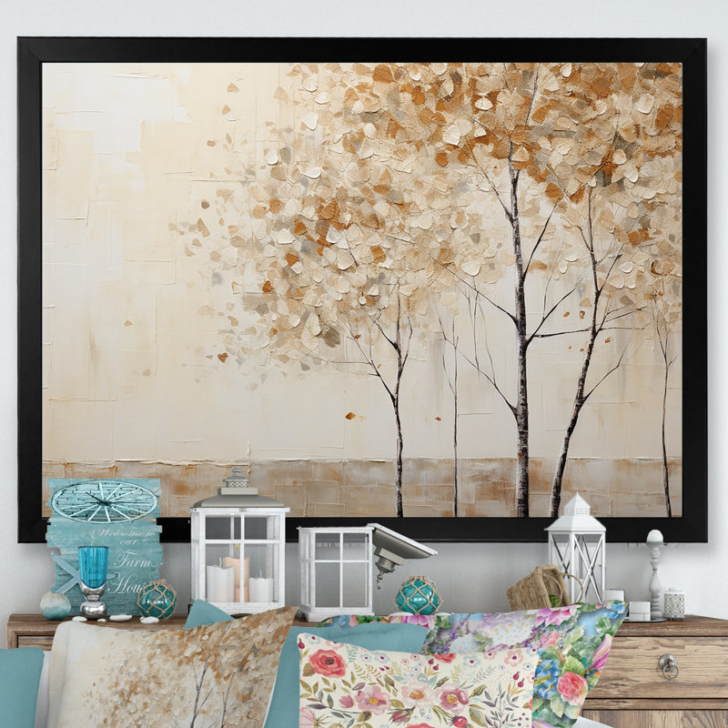 Harmonisation des arbres beiges IV sur toile, Cadre simple noir, H 16 po x l 32 po x P 1 po