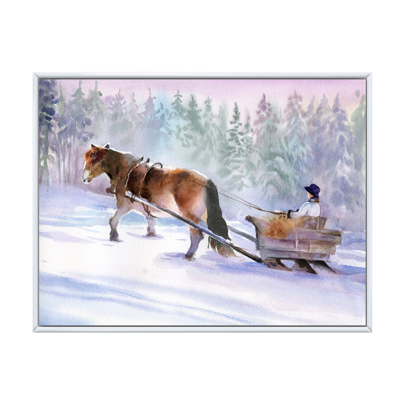 Cheval avec un traîneau dans un paysage enneigé - Peinture sur toile, Cadre flottant blanc, H 16 po x l 32 po