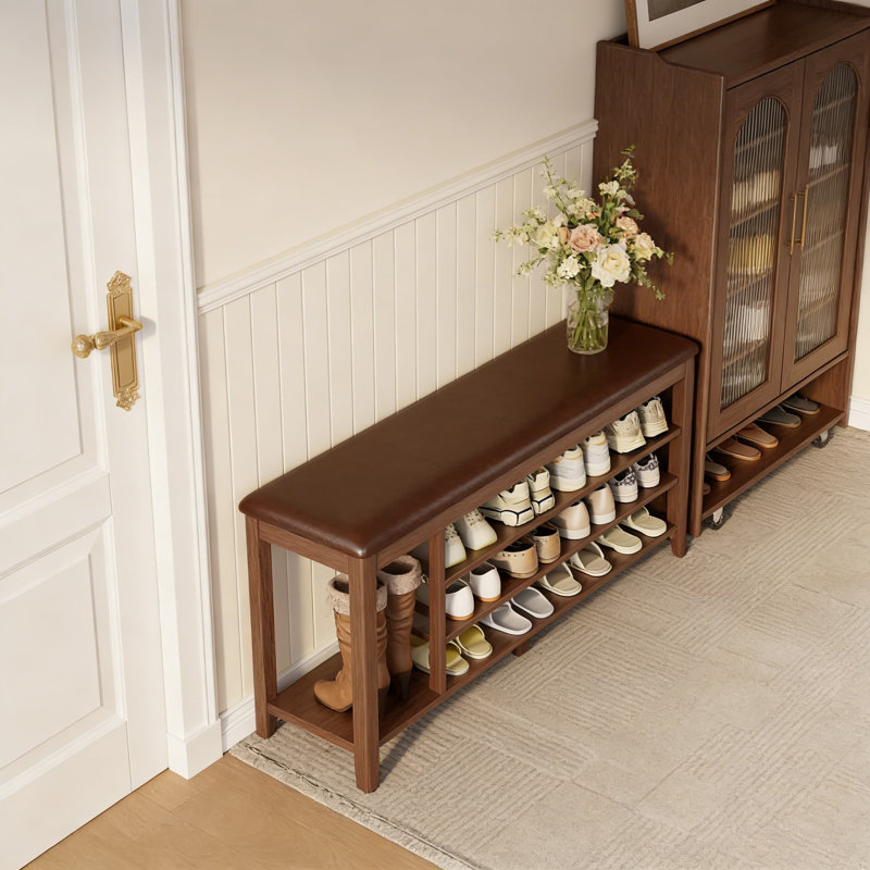 Banc de vestibule en bois d'hévéa massif à 3 niveaux avec coussin, range-chaussures réglable avec rangement pour bottes, vestibule et vestibule
