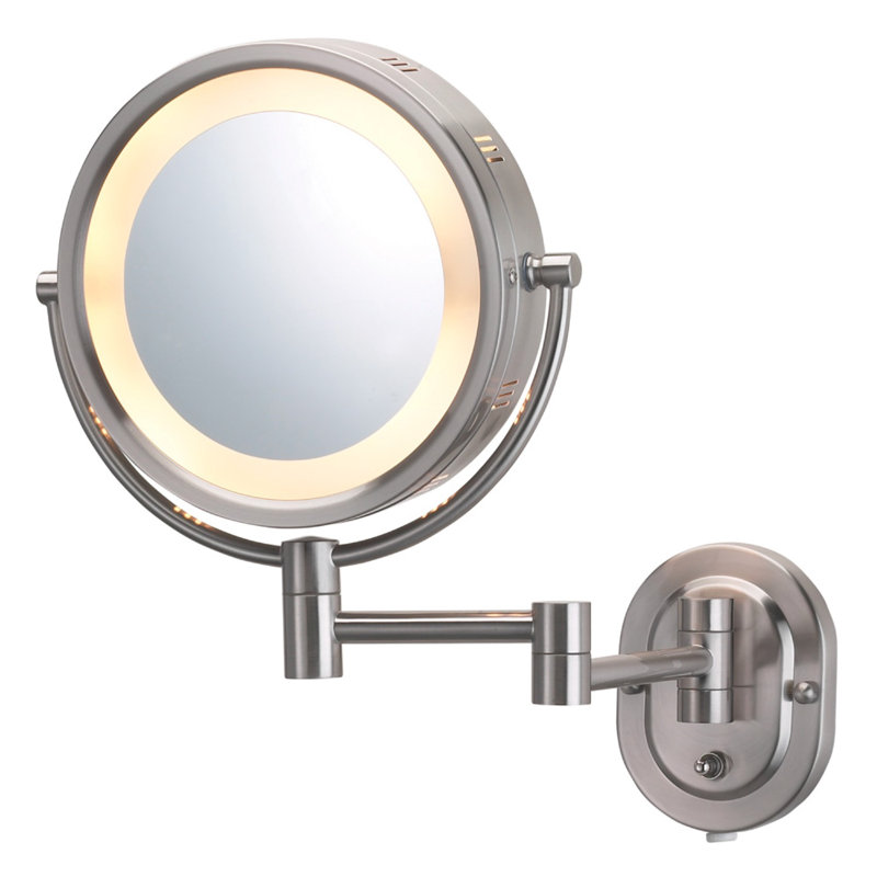 Ake 8" Lighted Wall Mount Magnified Makeup Mirror, Plug In, Nickel
