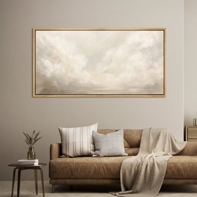 Serene Cloudscape in Cream Tones Framed Canvas Wall Art - Tranquil Neutral Sky Scene for Bedroom or Spa Decor