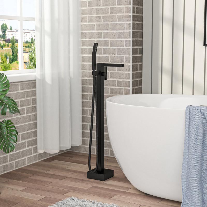 Freestanding Bathtub Faucet With Waterfall Tub Filler And Hand Shower, 360 Rotatable Spout, Dual Temperature Regulation, Brass Base Matte Black Faucet, 59" - Kink Hose, Control For Relaxing Water