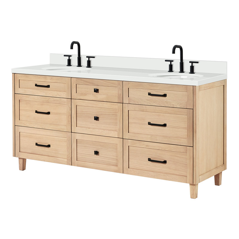 Meuble-lavabo double avec comptoir ARIEL, Chêne, 60" - 61", Quartz blanc pur