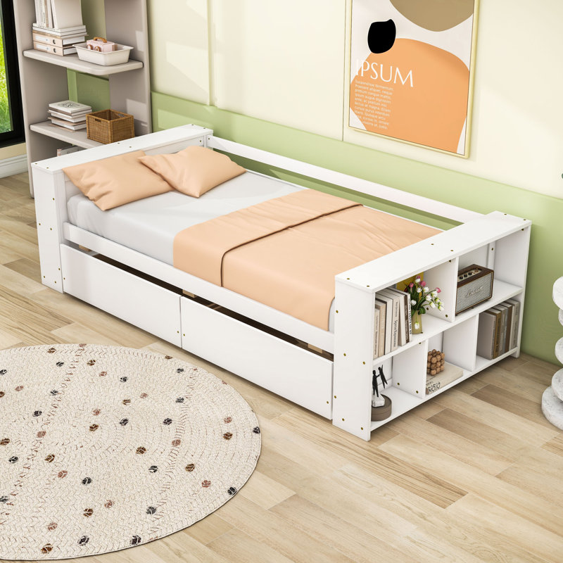 Lit de jour simple minimaliste avec tablettes et tiroirs de rangement sous le lit, Blanc