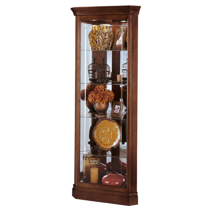 Lynwood Corner Curio Cabinet, Windsor Cherry Finish, Crystal-Cut Grooved Glass, Mirrored Back, 4 Shelves