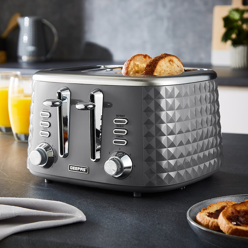 GEEPAS Argyle 4 Slice Toaster | 7 Browning Levels with Cancel Defrost Reheat | For Thin Small Bread Slice | 2 Independent Controls 2 Removable Crumb Trays High Lift | 2 Yr Warranty 1750W