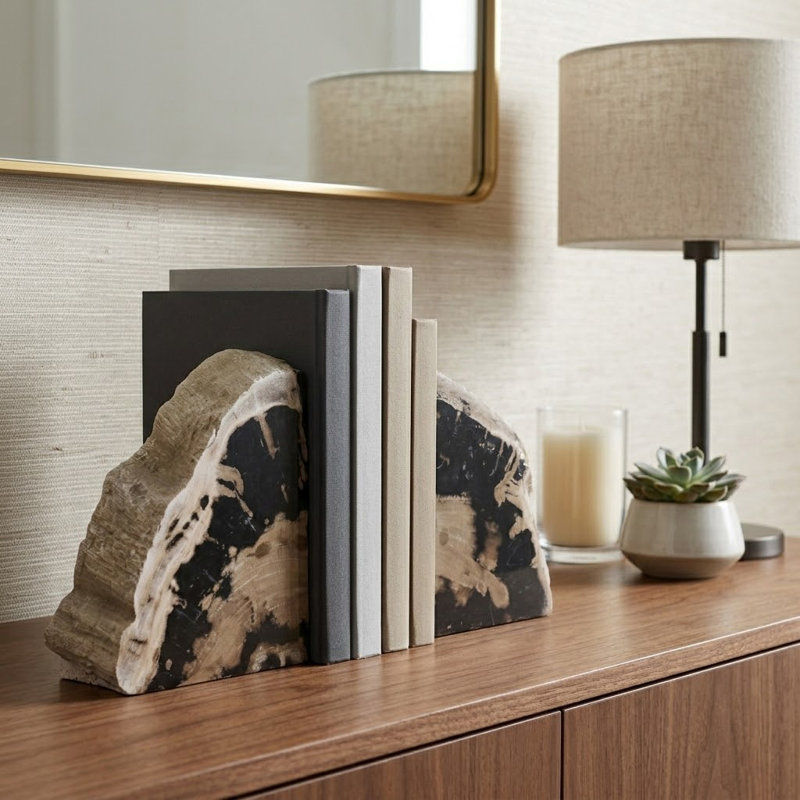 Serre-livres décoratifs en bois pour la décoration intérieure - Serre-livres sculpturaux modernes pour tablette, bureau et bibliothèque - ensemble de 2, 8 po, noir et ivoire