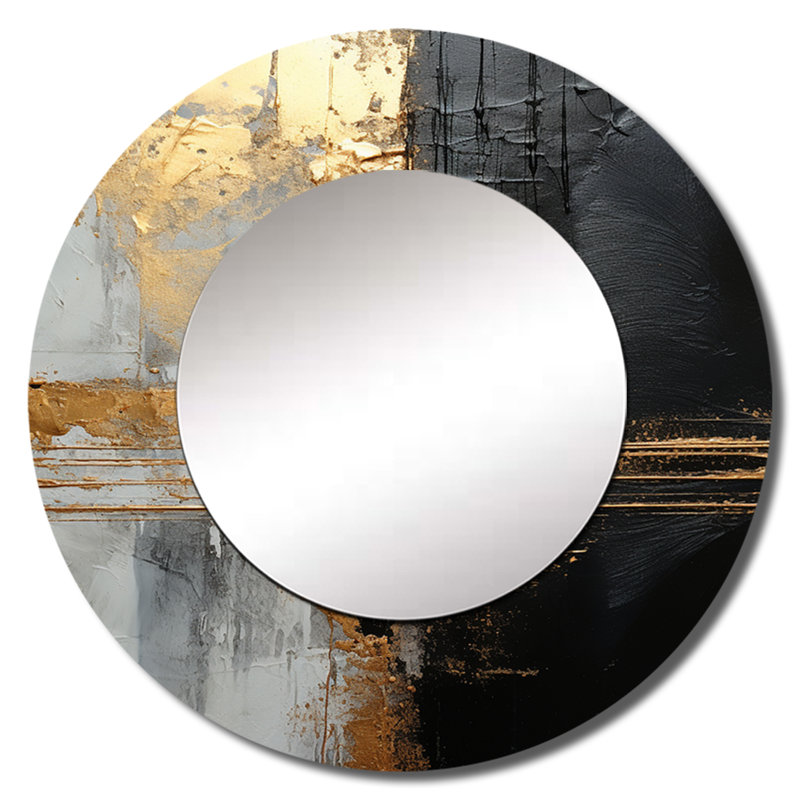 Sadeka noir et or abstrait méditation IV - peinture abstraite miroir décoratif, miroir mural rond beige, reproduction d'art en métal
