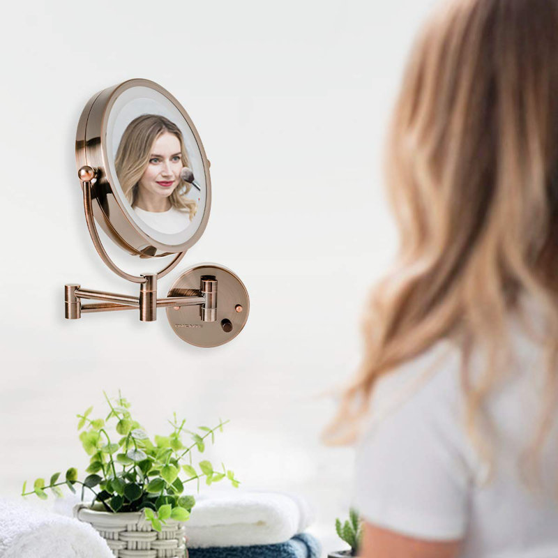 Antique Brass 8.5'' Round Wall-Mounted LED Vanity Makeup Mirror with 7X Magnification