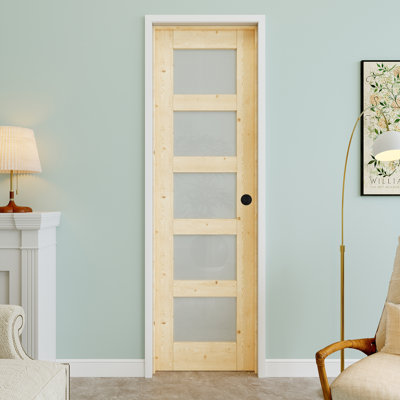 24" x 80" 5-Lite-Lite Pine Wood & Frosted Glass Interior Prehung Door with Round Knob and Silver Hinges, Privacy Glass Door Slab, Paintable & Waterproof, Suit for Laundry, Closet Doors, Room Doors, Left Hand