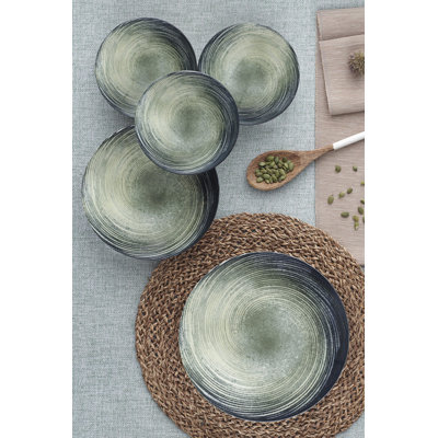 Elegant 24-Piece Dinner Set, 100% Porcelain, Includes 6 Service Plates (9.8 x 9.8 x 1.2 in), 6 Plates (7.9 x 7.9 x 1.6 in), 6 Bowls (5.9 x 5.9 x 1.8 in), 6 Dessert Plates (7.9 x 7.9 x 0.8 in) | Dishwasher & Microwave Safe, Cream & Green & Black Design