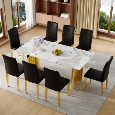 71" Rectangular Dining Table Set For 8 Featuring A Faux Marble Tabletop Paired With PU Leather Chairs. This 9-Piece Dining Set Is Suitable For Homes, Restaurants, And Office Spaces.