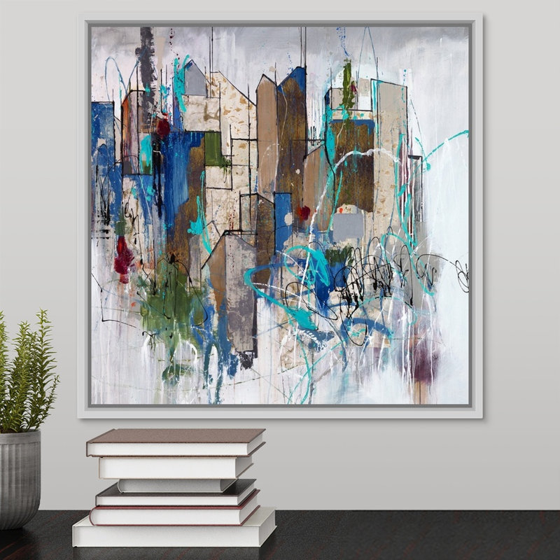 « stomping ground oreillers », peinture sur toile, H 17,7 po x l 17,7 po x P 1,75 po, Cadre flottant blanc