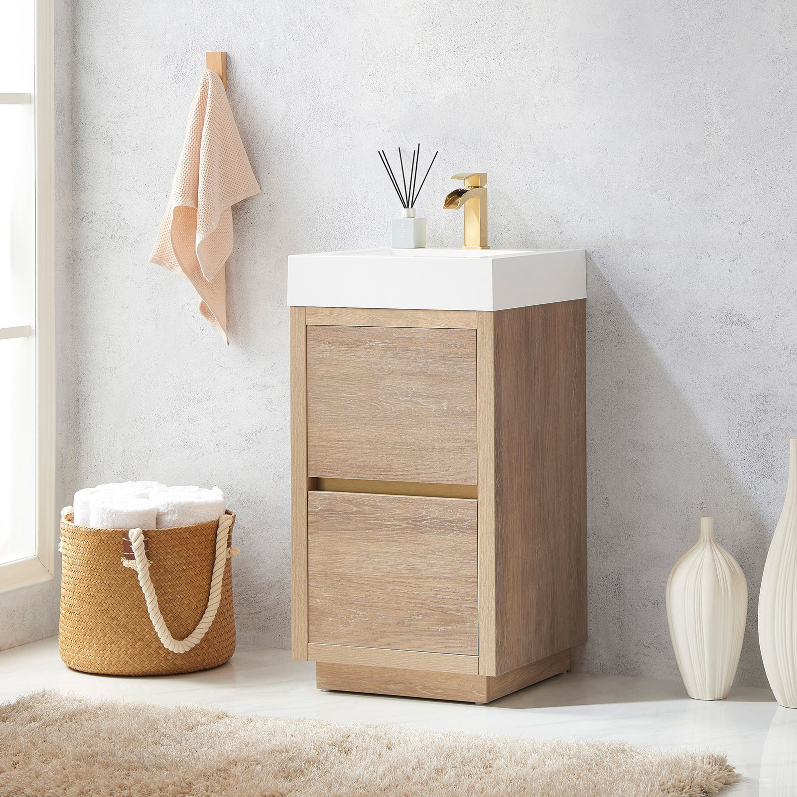 Beira 17.7'' Single Bathroom Vanity, North American Oak, White
