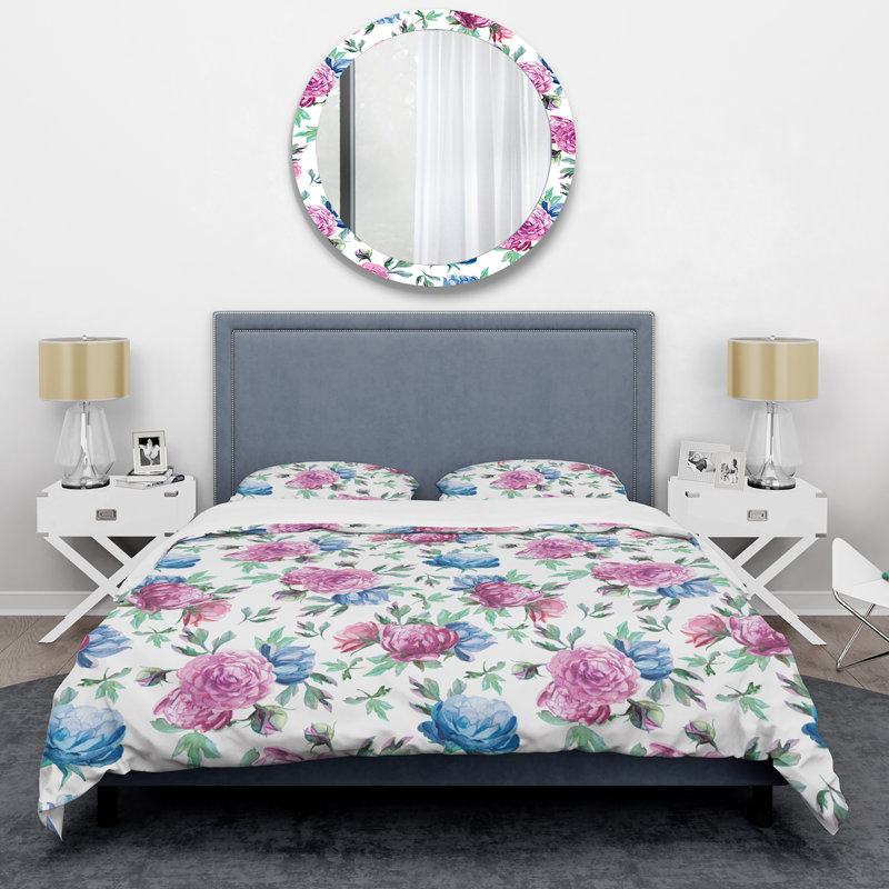 Blue and Pink Roses - Ensemble de housse de couette floral - Polyester microfibre