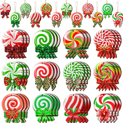 Paquet de 48 ornements suspendus en bois de Noël, décorations de sucette colorée et de canne de bonbon pour arbre de Noël, couronne, fête, décoration intérieure