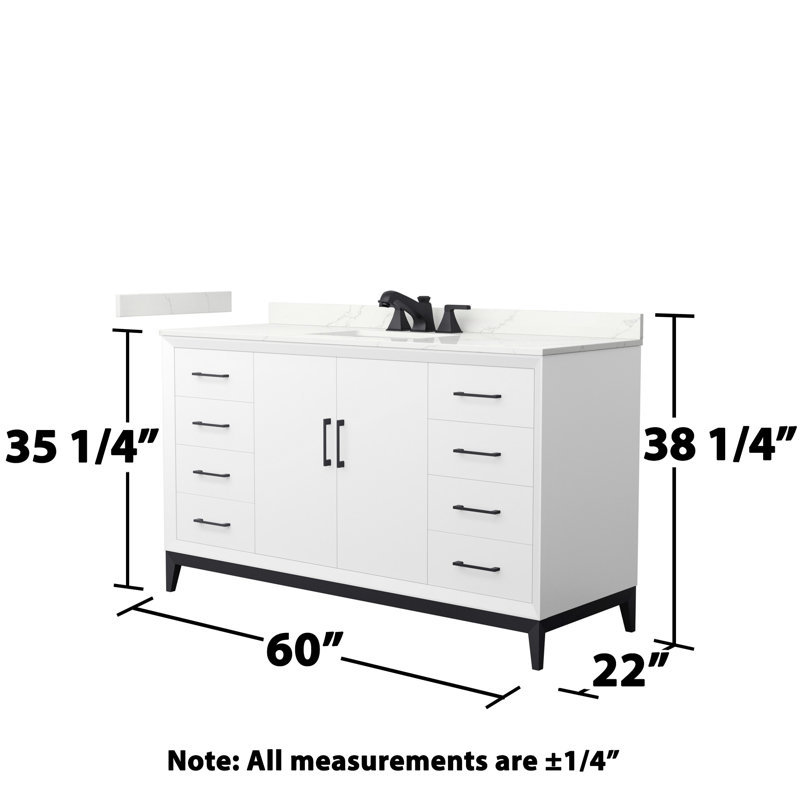 Amici Single Bathroom Vanity with Top, White Quartz, Matte Black, 60"