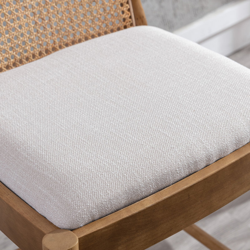 Beige 30-Inch Wood Bar Stools with Rattan Backrest, Set of 2