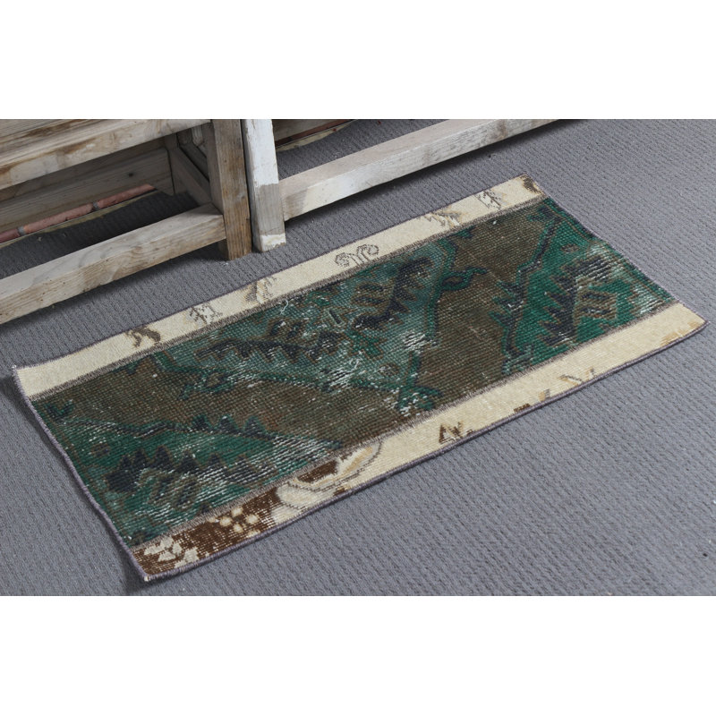 Small Vintage Patchwork Rug Hand Woven in Turkey For a Green Door Mat Decor From Turkish Oushak