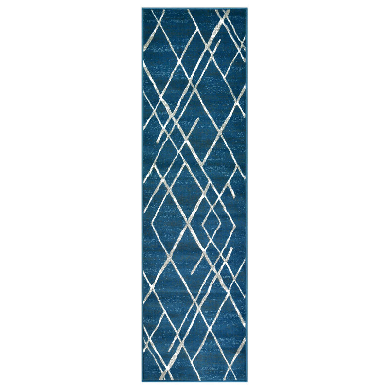 Tapis contemporain abstrait à motif géométrique bleu argenté HR, Tapis de couloir de 2 pi x 7 pi