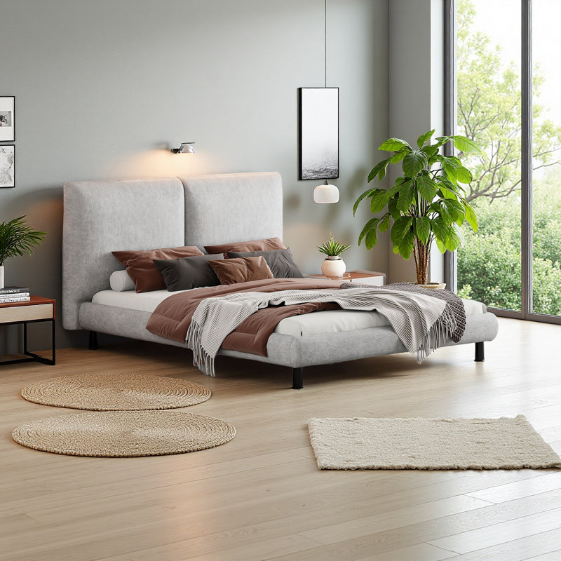Grand lit plateforme tapissier avec deux grands appuis-tête et tissu épais en polyester, Beige
