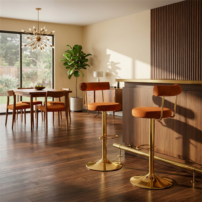 Tabourets de bar (ensemble de 2), revêtus de suède doux avec pieds en métal, pivotants, réglables en hauteur, style Mid-Century moderne, orange et or