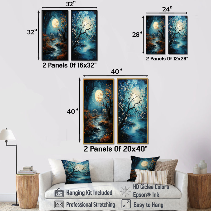 Clair de lune azuré Mystic River - ensemble de 2 impressions sur toile Forest River, H 28 po x l 25 po, Cadre flottant noir