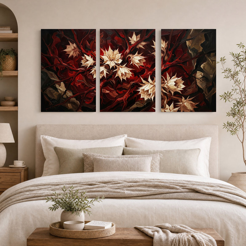 Ensemble de 3 toiles murales « Fleurs crème à pointes sur fond rouge foncé », 24"H x 16"W x 3pcs