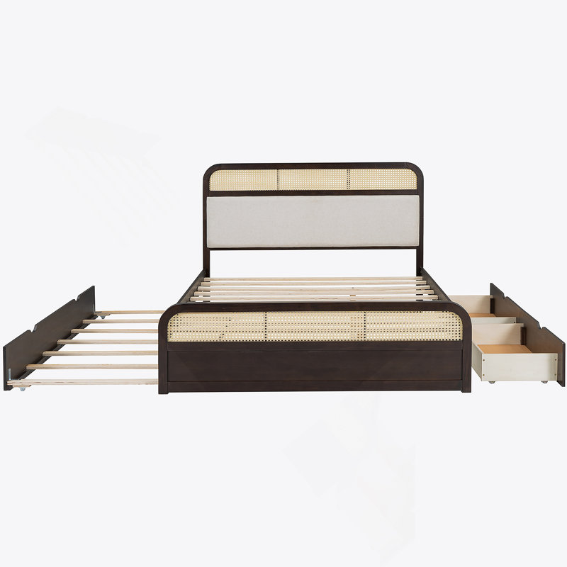 Grand lit plateforme en bois avec lit gigogne et 2 tiroirs, espresso